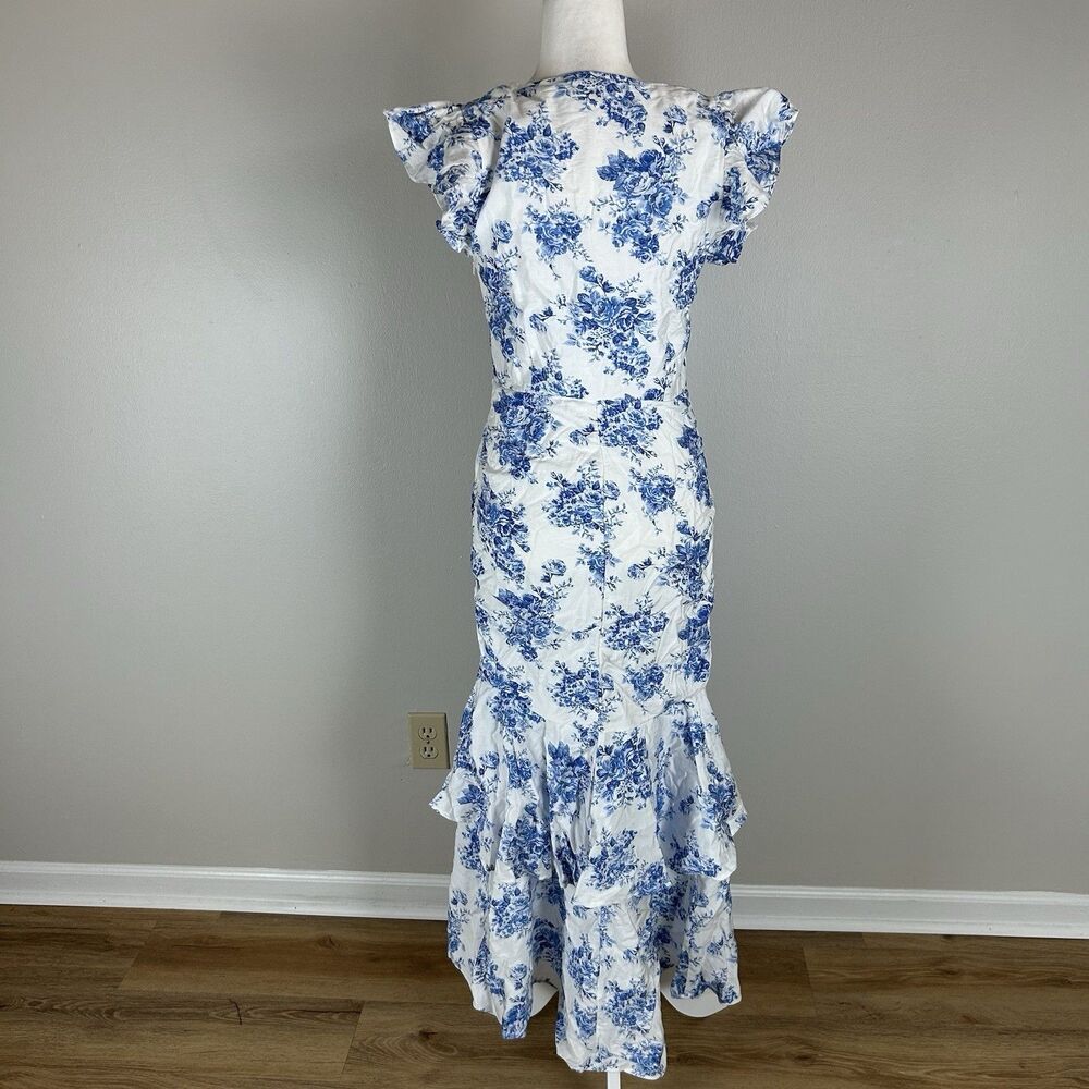 vici L Floral Blue White Maxi Dress Ruffle Ruched A-line Tiered Event Party Boho - Picture 5 of 7